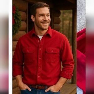 Vtg L.L. Bean Christmas Red Chamois Cloth Button Down Shirt Brown Buttons